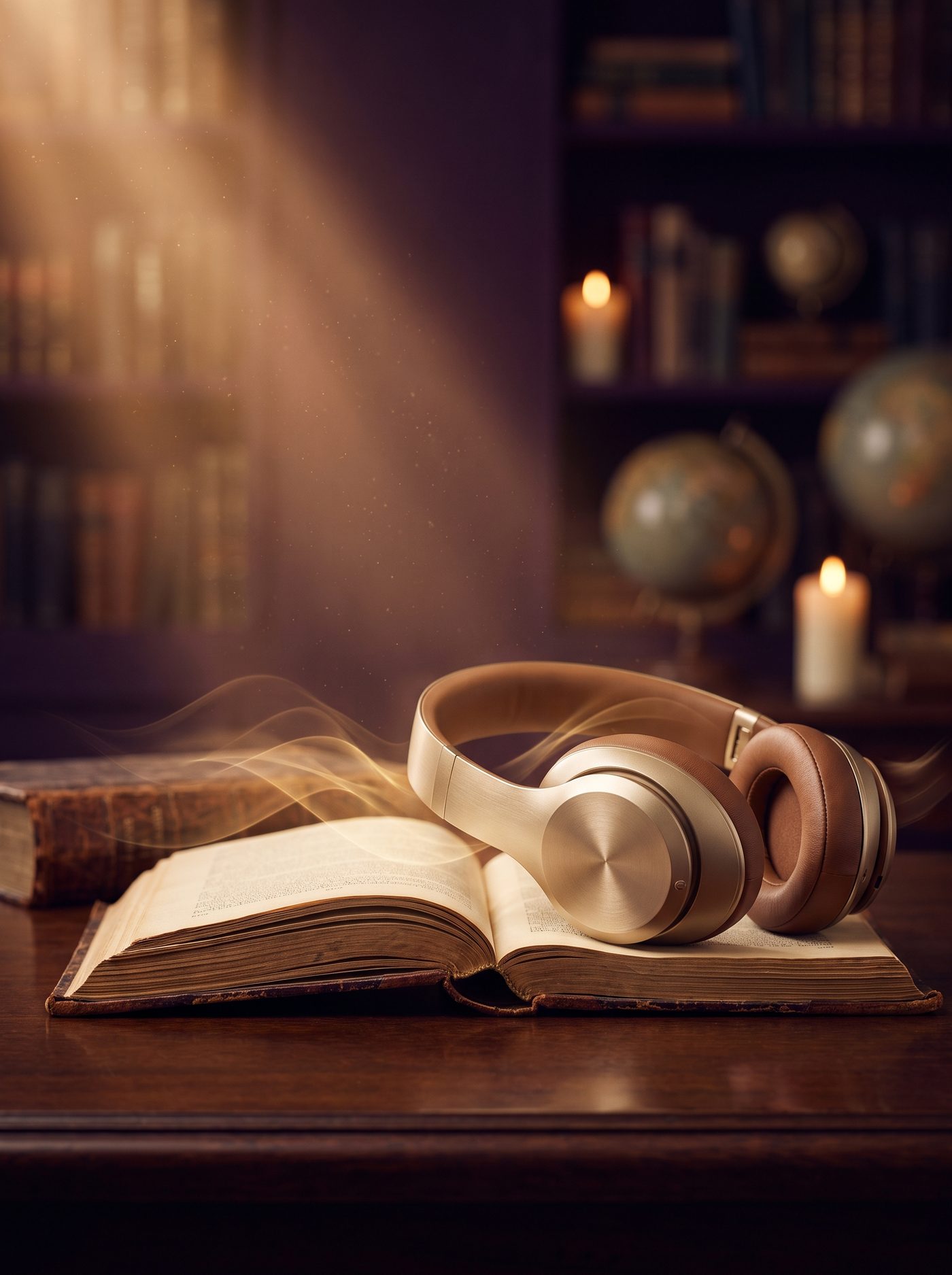 Fones de ouvido dourados apoiados sobre um livro aberto, o combo de ler e ouvir os mesmos clássicos
